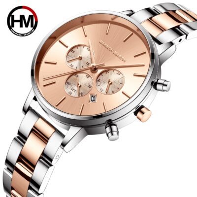 Hannah Martin Đa Chức Năng Chronograph Lịch Bướm Đôi Snap Đồng Hồ Chống Thấm Nước Đồng Hồ Vàng Nữ