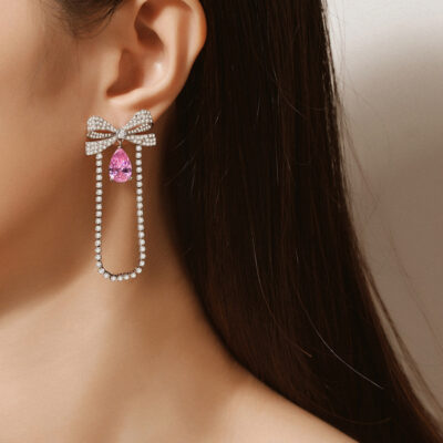 Mới Nơ Kim Cương Hồng Giọt Nước Bông Tai Tua Dài Tất Cả Trận Đấu Tinh Tế Ngọt Kim Cương Giả Hương Thơm Nhỏ Màu Vàng Bông Tai Kim Cương