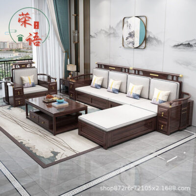 Kết hợp sofa gỗ nguyên khối phong cách Trung Quốc mới gỗ mun ánh sáng hiện đại sang trọng căn hộ lớn và nhỏ vải Zen nội thất phòng khách biệt thự