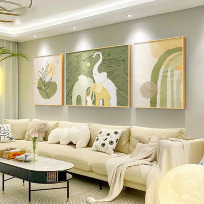 Trang trí phòng khách tranh hiện đại tối giản sofa nền tranh treo tường họa tiết trừu tượng tranh gió Bắc Âu voi bộ ba