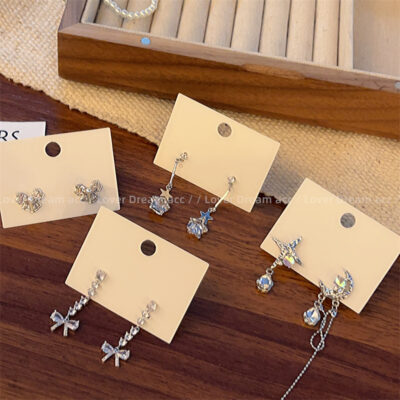 Phiên bản Hàn Quốc nơ trong suốt ngôi sao năm cánh đính đá zircon ngọt ngào và đa năng bông tai kim thời trang bông tai cho nữ