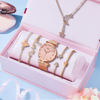 Bộ quà tặng thông thường Đồng hồ nữ đĩa dây lưới Đồng hồ thạch anh + Vòng đeo tay + Bộ vòng tay (6 cái/bộ)