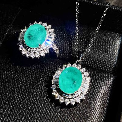 Sang Trọng Mới Full Kim Cương T Vuông Mô Phỏng Zircon Mặt Dây Chuyền Tổng Hợp Tự Nhiên Paraiba Nhẫn Bộ Bán Buôn
