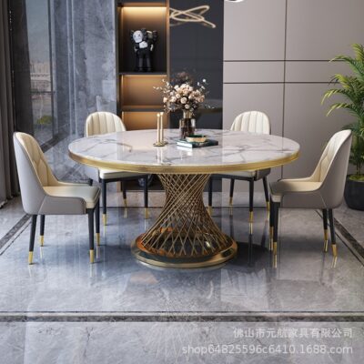 Bộ bàn ghế ăn hình tròn bằng đá cẩm thạch sang trọng nhẹ nhàng hậu hiện đại kết hợp bàn ăn inox đơn giản sáng tạo bàn ăn gia đình