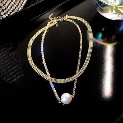 Ins lạnh phong cách ánh sáng sang trọng xếp chồng lên nhau vòng cổ hai lớp nữ retro nhấp nháy chuỗi xương đòn kim cương Xu hướng mặt dây chuyền ngọc trai khí chất châu Âu và Mỹ