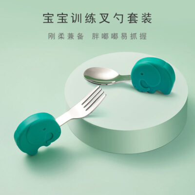 Bé tập ăn tập thìa cho bé bộ đồ ăn trẻ em thực phẩm bổ sung bằng thép không gỉ nhỏ silicone tay cầm ngắn bộ nĩa muỗng nĩa