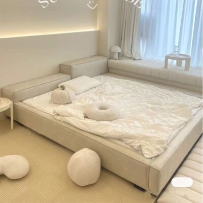 Giường vải tối giản kiểu Ý hiện đại tối giản nhẹ nhàng sang trọng giường đôi phòng ngủ chính trải chiếu tatami giường trải chiếu từ trần đến sàn vải kỹ thuật Giường kiểu Nhật