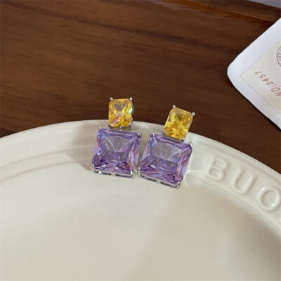 Ánh sáng sang trọng hình học màu tím lớn bông tai zircon bông tai bông tai bông tai nữ tính bạc cao cấp kim retro cổ tích bông tai thích hợp bông tai