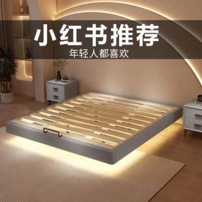 Giường treo không có đầu giường hiện đại đơn giản căn hộ nhỏ tatami tối giản đôi giường gỗ nguyên khối lưới khung giường treo màu đỏ