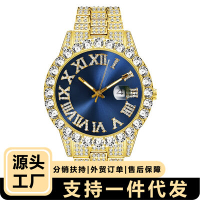Đồng hồ đeo tay hiphop phong cách Âu Mỹ nóng bỏng nam dây thép hip-hop quy mô La Mã lịch kim cương đồng hồ thạch anh nam