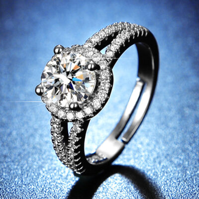 Mô phỏng túi tròn moissanite nhẫn 1 carat nữ đôi hàng kim cương hoa văn móng tay nhẫn Douyin Kuaishou phát sóng trực tiếp cung cấp bán buôn
