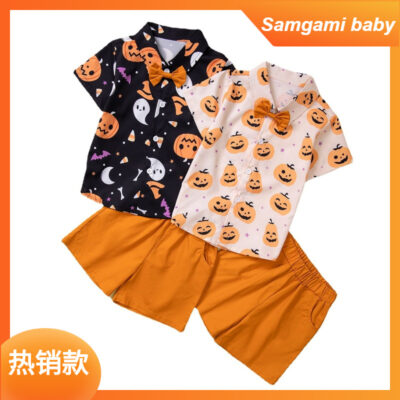 Ngoại Thương Quần Áo Trẻ Em Mới Trẻ Em Halloween Bộ Đồ Quý Ông Thời Trang Bé Trai Bí Ngô Thắt Nơ Áo Sơ Mi + Quần Short