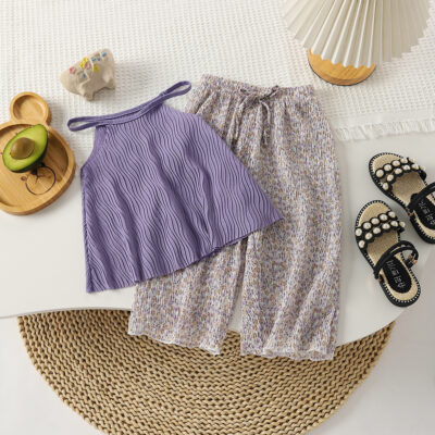 Bé Gái Mùa Hè Voan Hàn Quốc Phù Hợp Với 2023 Phong Cách Nước Ngoài Đồng Màu Suspender Top Họa Tiết Hoa Ống Rộng Thẳng Qua 2 bộ Đồ