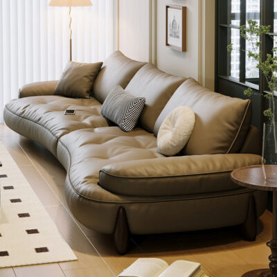 Phong cách Ý tối giản sofa phòng khách lớp đầu da bò cong đơn giản hiện đại ánh sáng nội thất sang trọng lưới da đỏ sofa nghệ thuật
