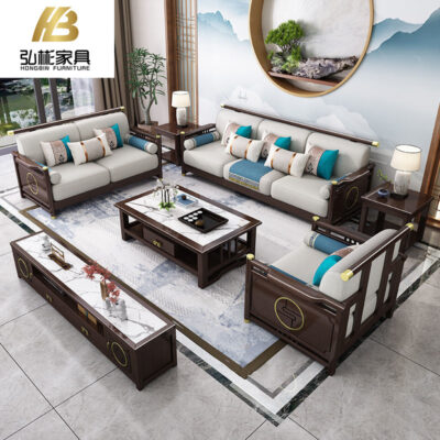 Sofa gỗ nguyên khối phong cách Trung Quốc mới kết hợp hiện đại tối giản phòng khách căn hộ lớn và nhỏ Zen vải Đẹp nội thất biệt thự sang trọng