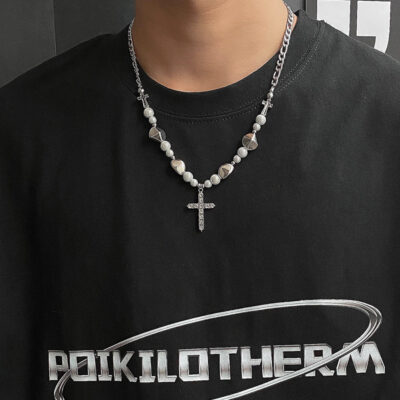 Mới phong cách Trung Quốc hip-hop hợp thời trang thương hiệu mặt dây chuyền bằng đá nhân tạo vòng cổ cho nam và nữ thiết kế thích hợp vòng cổ khâu ngọc trai phản quang