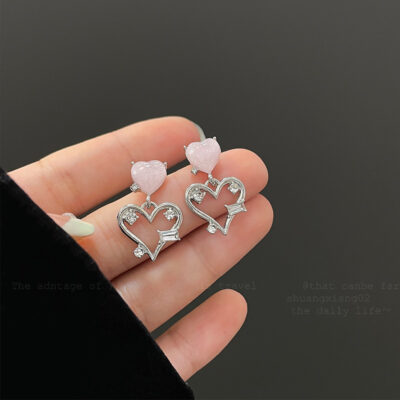 Cá Tính Mới Kim Bạc Trái Tim Hồng Opal Bông Tai Nữ Thiết Kế Ngọt Ngào Thoáng Mát Nhạy Cảm Thiểu Số Spice Girl Bông Tai Kim Cương