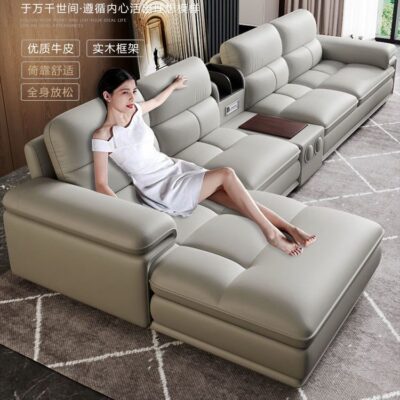 Sofa Bắc Âu lớp trên cùng da bò hiện đại tối giản kích thước phòng khách căn hộ kết hợp ghế sofa bên trái và bên phải