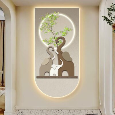 Bức tranh trang trí hiên nhà gió Wabi-sabi bức tranh treo hành lang lối đi cảm giác cao cấp bức tranh đèn led con voi bước vào nhà đối diện với bức tranh treo tường cửa