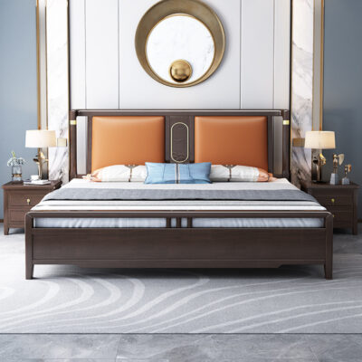 Giường gỗ nguyên khối kiểu Trung Quốc mới Giường đôi 1,8m Giường đôi 1,5m hiện đại nội thất phòng ngủ tối giản Giường hôn nhân lưu trữ phong cách Trung Quốc