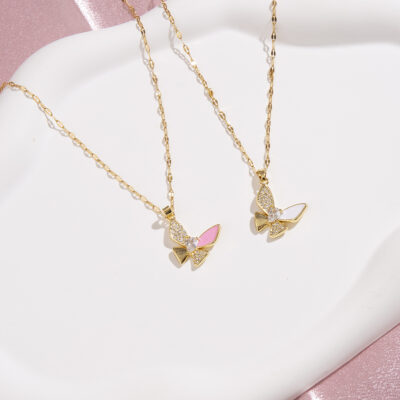 Y2k Đồng Thau Mạ Vàng Thật Nữ Vòng Cổ Bướm Ánh Sáng Sang Trọng Zircon Thép Titan Dây Chuyền Nhỏ Giọt Dầu Vòng Cổ Bảo Quản Màu Trang Sức
