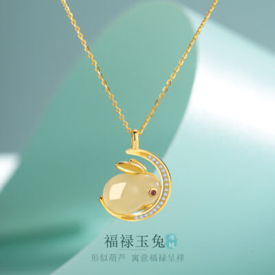 Phong Cách Trung Hoa S925 Bạc Fulu Ngọc Thỏ Vòng Cổ Thỏ Nữ Phong Cách Trung Hoa Mới Hetian Jade Moon Rabbit Áo Len Dây Chuyền Trang Sức Bạc