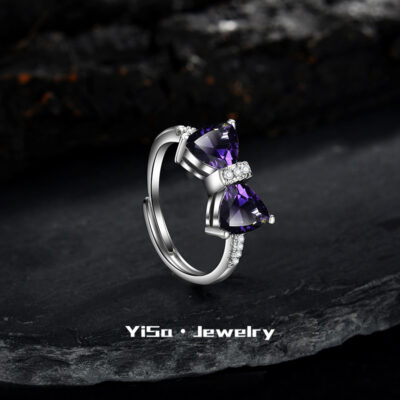Đẹp sang trọng thạch anh tím bowknot thiết kế nhẫn kim cương xuyên biên giới nóng bán cổ tích thời trang cao cấp cảm giác tất cả các trận đấu mở nhẫn nữ