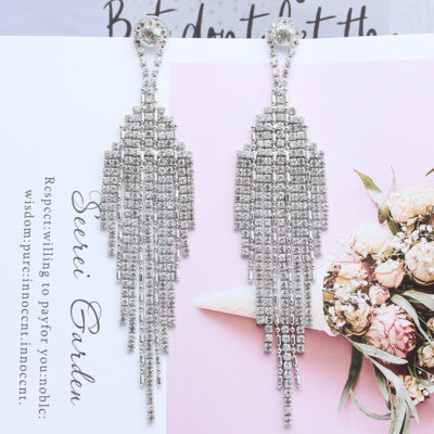 Châu Âu và Mỹ xuyên biên giới bông tai mới thời trang phóng đại rhinestone bông tai cô dâu nữ chuỗi tua dài đầy đủ bông tai kim cương