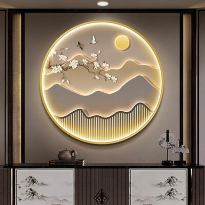 Bức tranh trang trí hiên nhà mới của Trung Quốc Phong cách Trung Quốc hoa và chim đèn bức tranh treo tranh Thiền phòng trà nền tường bức tranh tường tròn LED