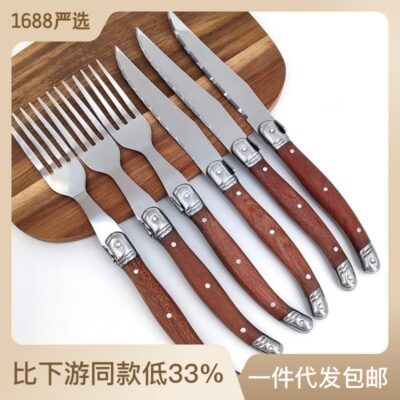 Nhà máy sản xuất trực tiếp bộ dao và nĩa bít tết bằng thép không gỉ tay cầm bằng gỗ hồng sắc Bộ dao và nĩa bít tết thương mại nước ngoài Bộ đồ ăn phương Tây bán buôn