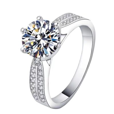 Sống nổ bạc 925 starlight nữ hoàng sáu móng vuốt hàng kim cương moissanite nhẫn nữ ánh sáng sang trọng sống miệng một carat nhẫn kim cương
