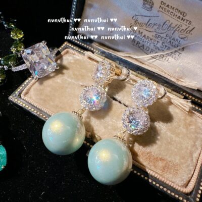 Mojito Ngọc Trai Xanh Bông Tai Đá Quý Công Chúa Chạy Trốn Mạ Vàng 18K Olive Xanh Giọt Nước Đính Đá Zircon Vòng Tay