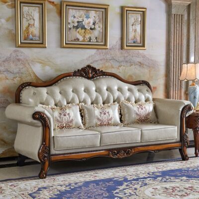 Sofa kiểu châu Âu 123 kết hợp phòng khách cỡ nhỏ gỗ nguyên khối chạm khắc cổ kiểu Mỹ da bò ba lớp trên cùng