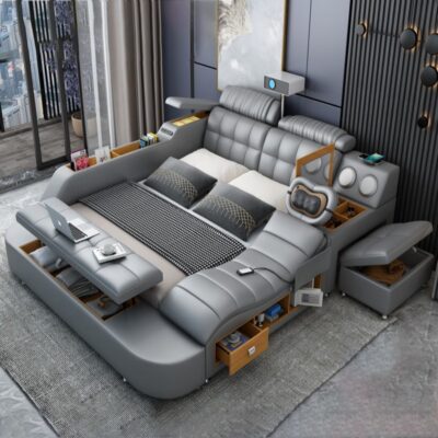 Đa chức năng massage thông minh giường chiếu tatami giường da tối giản hiện đại phòng ngủ chính máy chiếu 1.8m giường đôi