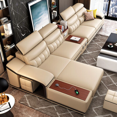 Sofa da phòng khách lớp trên cùng da bò hiện đại tối giản Ánh sáng Bắc Âu sang trọng mới căn hộ lớn nhỏ ghế dài kết hợp góc