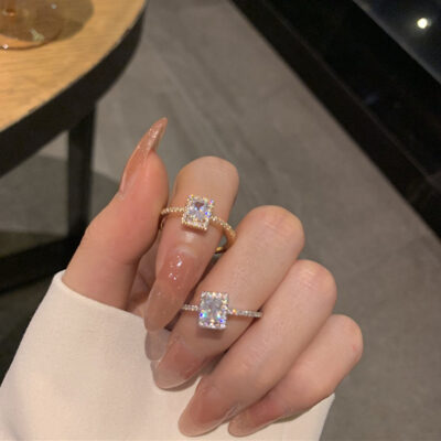 Dongdaemun của Hàn Quốc Đẹp sang trọng zircon super flash ring ins thiết kế thích hợp kim cương vuông mở nhẫn nữ lạnh và tinh tế