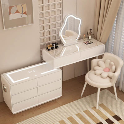 [Thời gian có hạn giá thấp] bàn trang điểm phong cách kem hoàn toàn bằng gỗ nguyên khối phòng ngủ tích hợp ngăn kéo bàn trang điểm phiến đá tối giản hiện đại