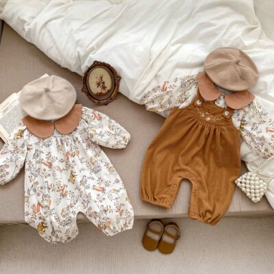 INS mùa thu áo liền quần cho bé nam và nữ cho bé in hình động vật dễ thương dài áo liền quần có ve áo túi dài tay đánh rắm áo liền quần