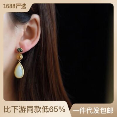 Bông tai ngọc bích bạc s925 Hetian ngọc men của phụ nữ Xiangyun Guochao Sito cùng phong cách Hetian ngọc bích phong cách trẻ trung quà tặng