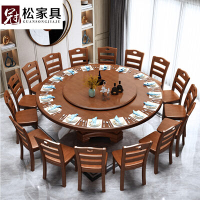 Bàn ăn gỗ nguyên khối kết hợp bàn ăn tròn gia đình với bàn xoay khách sạn bàn ăn đơn giản 2,2 mét cho nhiều người