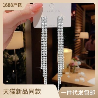 Khuyên tai tua rua kim bạc 925 kim siêu sáng đính đá phong cách Âu Mỹ phóng đại thời trang cao cấp cá tính bông tai đa năng cho nữ