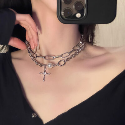 Chuỗi kim loại rhinestone chéo ngọc trai punk vòng cổ xương đòn hai lớp thiết kế thích hợp nam vòng cổ choker nữ