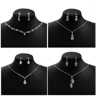 Zircon Hoa Cưới Vòng Cổ Full Kim Cương Thả Tua Rua Phụ Kiện Cô Dâu Tiệc Tối Thời Trang Bộ 2 Bông Tai