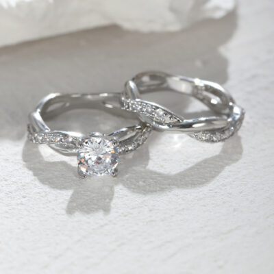 Bộ nhẫn xoắn bốn móng đính kim cương zircon phong cách châu Âu và Mỹ nóng bỏng quốc tế đơn giản cá tính nhẹ nhàng sang trọng kiểu dáng cao cấp