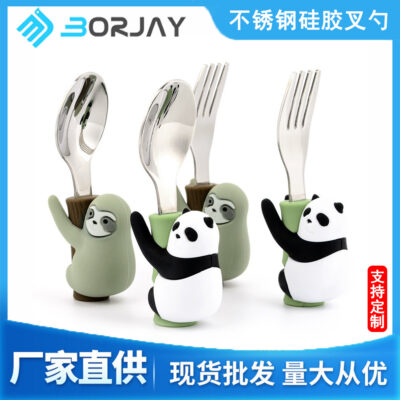 Bé Huấn Luyện Gấu Trúc Muỗng Nĩa Silicone Thép Không Gỉ 316 Thực Phẩm Bổ Sung Thìa Đồ Dùng Cho Bà Mẹ Và Em Bé Bộ Đồ Ăn Trẻ Em Bán Buôn
