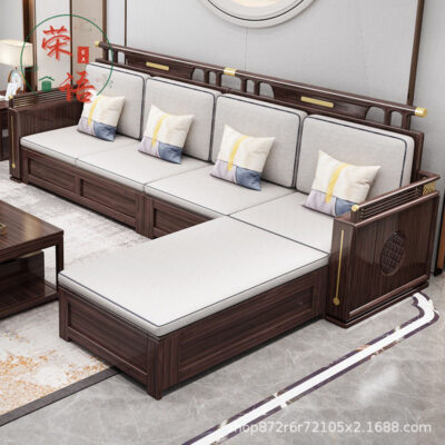 Sofa gỗ màu đen vàng mới kiểu Trung Quốc Sofa gỗ nguyên khối hiện đại tối giản Zen phòng khách kích thước nội thất sofa vải
