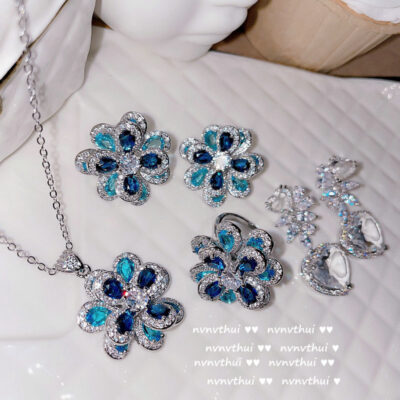 Bông tai aquamarine sơn dầu mạ 18K nhiều mặt giọt nước trái tim màu đá quý hoa zircon kim cương lấp lánh bông tai tình yêu