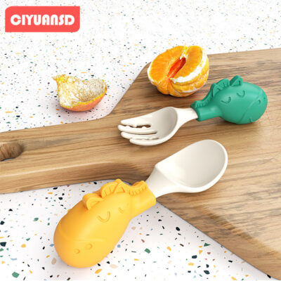 Cho Bé PPSU Muỗng Nĩa Silicone Tay Cầm Ngắn Thìa Đào Tạo Cho Bé Thìa Nĩa Silicone Bộ Đồ Ăn Trẻ Em Bổ Sung Bộ Thìa