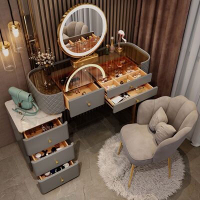 Bàn trang điểm cao cấp nhẹ nhàng mặt kính đơn giản phòng ngủ bàn trang điểm hiện đại chung cư nhỏ bàn trang điểm mini tích hợp tủ bảo quản