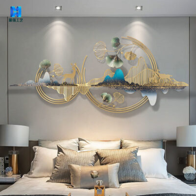 Dòng kim loại bức tranh trang trí ánh sáng sang trọng sắt đầu giường nền trang trí tường thứ mặt dây chuyền lá bạch quả trang trí tường ba chiều treo